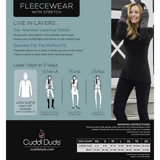 Women's Cuddl Duds® Fleecewear With Stretch Long Sleeve Half Zip Hoodie Black 4 Women's Cuddl Duds® Fleecewear With Stretch Long Sleeve Half Zip Hoodie Black - Image 4