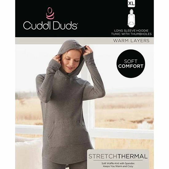 Plus Size Cuddl Duds® Long Sleeve Stretch Thermal Hooded Tunic Top Gray Buffalo Check 2 Plus Size Cuddl Duds® Long Sleeve Stretch Thermal Hooded Tunic Top Gray Buffalo Check - Image 2