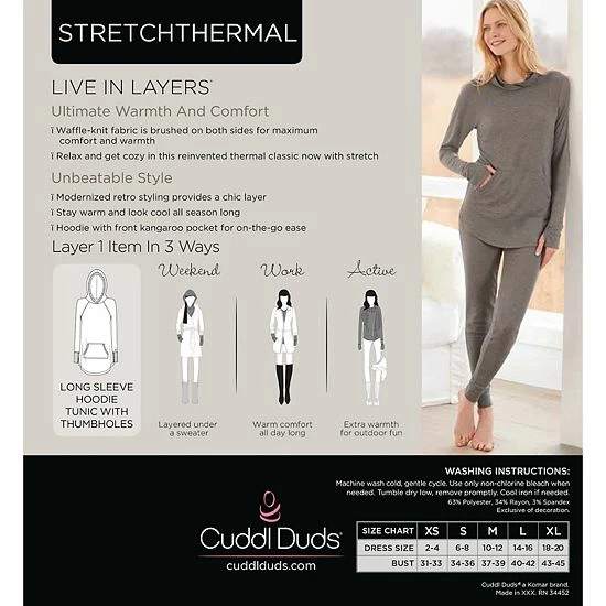 Plus Size Cuddl Duds® Long Sleeve Stretch Thermal Hooded Tunic Top Gray Buffalo Check 3 Plus Size Cuddl Duds® Long Sleeve Stretch Thermal Hooded Tunic Top Gray Buffalo Check - Image 3