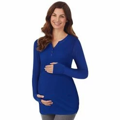Maternity Cuddl Duds® Stretch Thermal Long Sleeve Splitneck Henley Top Blue