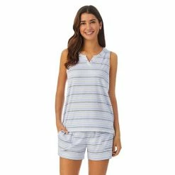 Women's Cuddl Duds® Far-Infrared Enhance Short Sleeve Pajama Tank Top & Pajama Shorts Sleep Set Gray Stripe