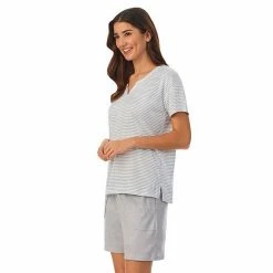 Women's Cuddl Duds® Far-Infrared Enhance Short Sleeve Pajama Top & Pajama Shorts Sleep Set Gray White Stripe -Cuddl Duds Shop unnamed file 2723
