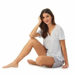 Women's Cuddl Duds® Far-Infrared Enhance Short Sleeve Pajama Top & Pajama Shorts Sleep Set Gray White Stripe -Cuddl Duds Shop unnamed file 2725