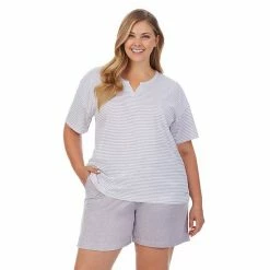 Plus Size Cuddl Duds® Far-Infrared Enhance Short Sleeve Pajama Top & Pajama Shorts Sleep Set Gray White Stripe -Cuddl Duds Shop unnamed file 2753