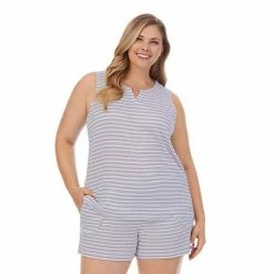 Plus Size Cuddl Duds® Far-Infrared Enhance Short Sleeve Pajama Tank Top & Pajama Shorts Sleep Set Blue Stripe